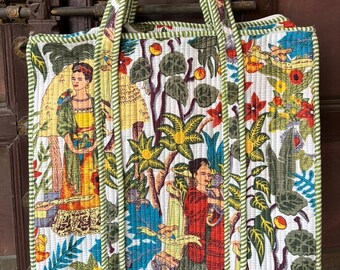 Handmade Quilted Cotton Tote Bag, Jungle Print Travel Shoulder Purse