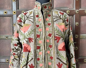 Handmade Velvet Suzani Embroidered Jacket, Boho Folk Art Outerwear, Colourful Floral Festival Coat