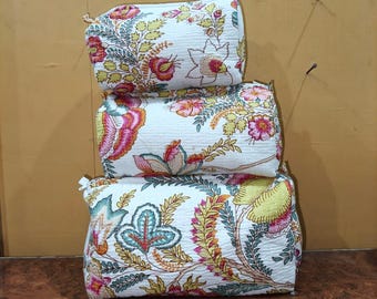 Quilted Toiletry Bags, Block Printed Cotton Cosmetic Bags Set