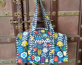 Block Print Cotton Quilted Duffle Bag, Handmade Floral Weekender