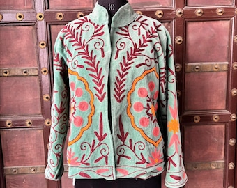 Hand Embroidered Velvet Jacket, Handmade Suzani Short Jacket, Bohemian Winter Warm Women's Coat