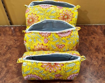 Set of 3 Quilted Toiletry Bags, Block Print Cosmetic Travel Pouches