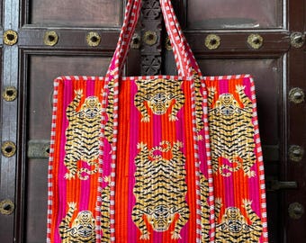 Handmade Quilted Cotton Tote Bag, Large Indian Travel Shoulder Bag