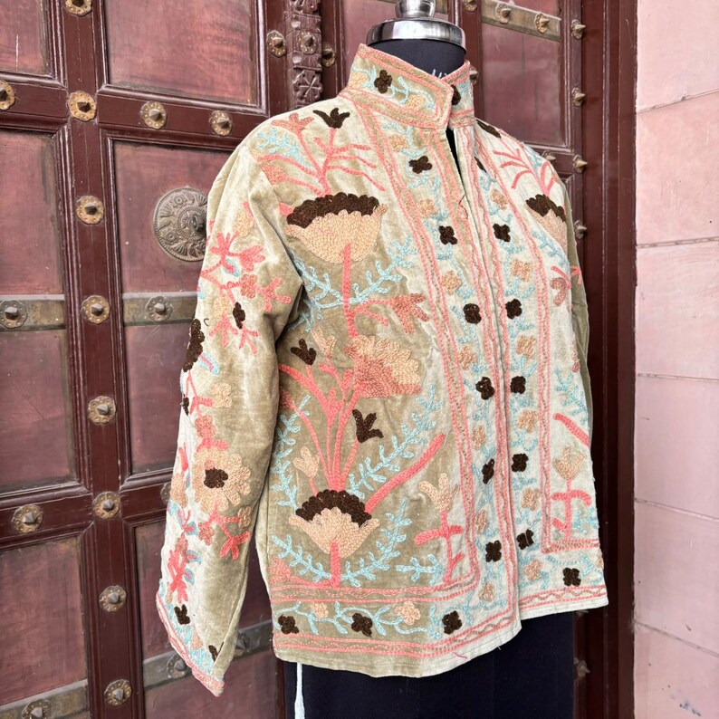 Velvet Suzani Jacket, Suzani Embroidery, Moroccan Jacket, Embroidered Jacket, Embroidered Clothing, Suzani Embroidered Velvet Jacket, Men Tapestry Clothes, Suzani Bird, Autumn Jacket, Oversized Embroidered Demin Jacket, Embroidered Floral Jacket, Embroidered Clothing Women Boho, Floral Suzani, Suzani by the Yard, Suzani Black, Indian Cotton Suzani, Suzani Wholesale, Hand Embroidered Cotton Suzani, Suzani Jacket Peacock, King Suzani, Kilim Blazer Suzani, Handmade Textile Asian, Vintage Winter