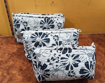 Handmade Quilted Makeup Bag Set, Indian Block Print Cotton Toiletry Bags