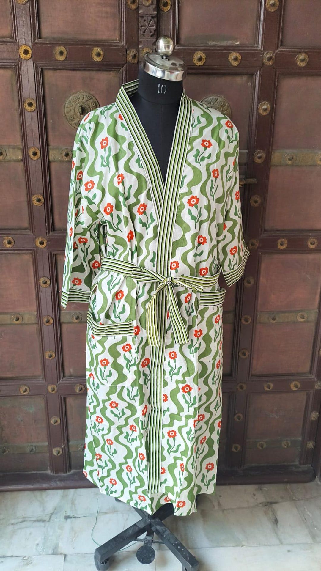 Drawn Block Robe 100% Cotton Floral Kimono Robe, Block Print Loungewear, Summer ...