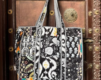 Handmade Quilted Cotton Tote Bag, Patchwork Ethnic Market Bag, Grocery Shopping Bags