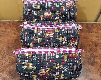 Quilted Block Print Toiletry Bag Set, Waterproof Makeup Cosmetic Bags