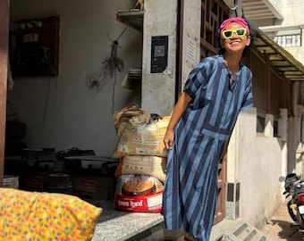 Nuevo vestido midi de algodón con estampado de bloques a mano a rayas, estilo bohemio Kyra, escote en V.