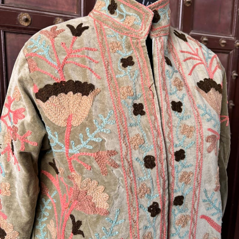 Velvet Suzani Jacket, Suzani Embroidery, Moroccan Jacket, Embroidered Jacket, Embroidered Clothing, Suzani Embroidered Velvet Jacket, Men Tapestry Clothes, Suzani Bird, Autumn Jacket, Oversized Embroidered Demin Jacket, Embroidered Floral Jacket, Embroidered Clothing Women Boho, Floral Suzani, Suzani by the Yard, Suzani Black, Indian Cotton Suzani, Suzani Wholesale, Hand Embroidered Cotton Suzani, Suzani Jacket Peacock, King Suzani, Kilim Blazer Suzani, Handmade Textile Asian, Vintage Winter