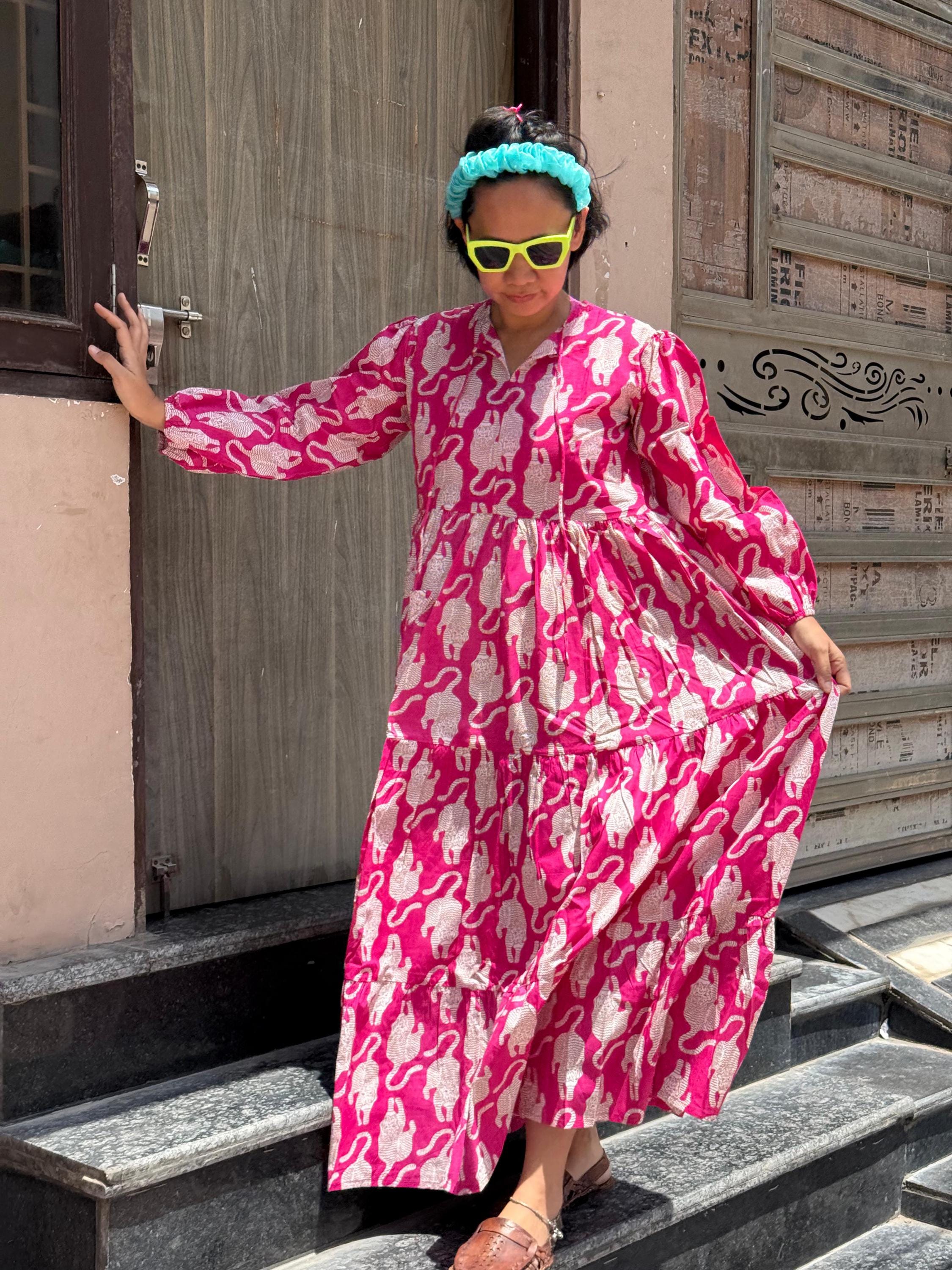 Indian Cotton Block Print Maxi Dress, V-Neck Tiered Summer Dress
