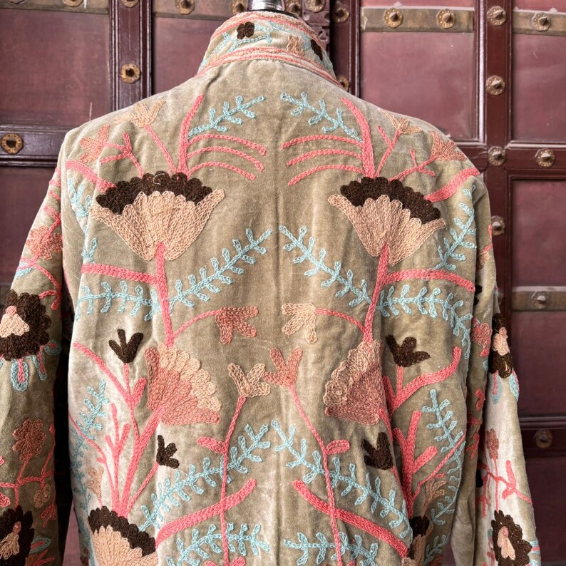 Velvet Suzani Jacket, Suzani Embroidery, Moroccan Jacket, Embroidered Jacket, Embroidered Clothing, Suzani Embroidered Velvet Jacket, Men Tapestry Clothes, Suzani Bird, Autumn Jacket, Oversized Embroidered Demin Jacket, Embroidered Floral Jacket, Embroidered Clothing Women Boho, Floral Suzani, Suzani by the Yard, Suzani Black, Indian Cotton Suzani, Suzani Wholesale, Hand Embroidered Cotton Suzani, Suzani Jacket Peacock, King Suzani, Kilim Blazer Suzani, Handmade Textile Asian, Vintage Winter