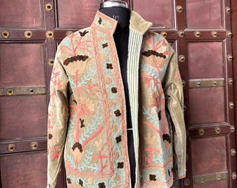 Handmade Velvet Suzani Jacket, Embroidered Boho Overcoat