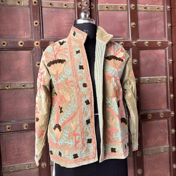 Handmade Velvet Suzani Jacket, Embroidered Boho Overcoat