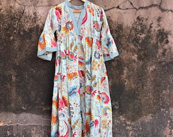 Floral Bird Print Cotton Midi Dress, Summer Wear