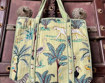 Tiger Print Cotton Tote Bag, Handmade Quilted Market Bag, Beach Grocery Shopping Bags
