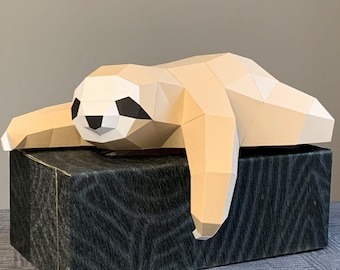 Low-Poly Sleeping Sloth Papercraft Template – Lazy Shelf Decor (PDF, SVG, DXF)