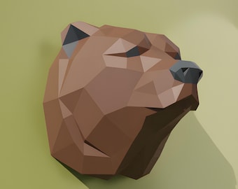 Low-Poly Bear Head Papercraft Template – Wall Trophy Decor (PDF, SVG, DXF)