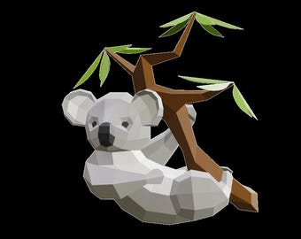 Low-Poly Koala Papercraft Template – Eucalyptus Tree Wall Decor (PDF, SVG, DXF)