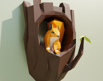Low-Poly Squirrel Papercraft Template – Squirrel in Tree Trunk Sculpture (PDF, SVG, DXF)