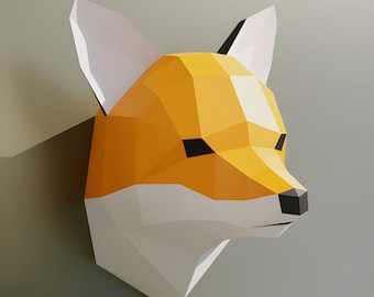 Low-Poly Fox Head Papercraft Template – Wall-Mounted Trophy Decor (PDF, SVG, DXF)