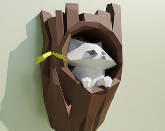 Low-Poly Raccoon Papercraft Template – Curious Raccoon in Tree Trunk Wall Decor (PDF, SVG, DXF)