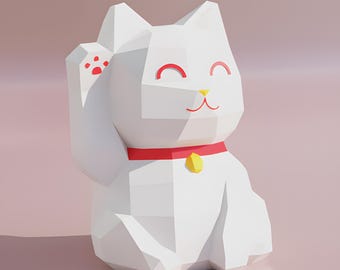 Low-Poly Maneki Neko Papercraft Template – Lucky Cat Good Fortune Decor (PDF, SVG, DXF)