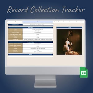 Op de afbeelding: Een computermonitor met een record collectie tracker. De spreadsheet toont albumdetails voor "Preacher's Daughter" van Ethel Cain, inclusief de albumhoes. De tekst "Record Collection Tracker" staat bovenaan.