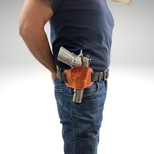 Handmade 1911 Colt Mini Speed Holster, Minimalist OWB Leather, Open Muzzle, Custom Engraved