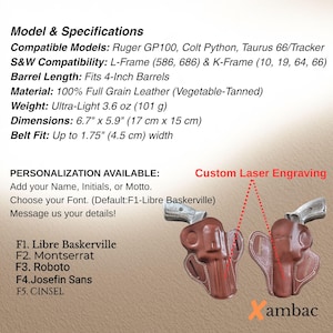 May include: Brown leather holster with white stitching, designed for 4-inch barrel firearms. Features custom laser engraving and personalization options. Dimensions are 17 cm x 15 cm. Made from full-grain leather.