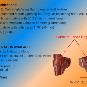 May include: Brown leather belt holster for a 1911 Colt Single Wing Sport pistol. The image shows two holsters with a height of 15 cm and a width of 13.5 cm. Custom laser engraving is available.