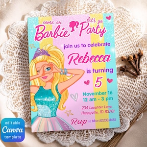 May include: A colorful Barbie-themed party invitation with the text "Let's Go Barbie Party" and "Rebecca is turning 5". The invitation features a cartoon illustration of Barbie and includes party details.