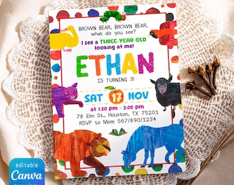 Invitation d'anniversaire Ours Brun, Invitation pour une fête sur le thème des livres d'histoires, Modèle de fête d'enfants avec collage d'animaux