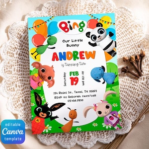 Può includere: Un colorato invito di compleanno con la parola "Bing" e personaggi dei cartoni animati. L'invito è per "Andrew" che compie due anni, con la data "19 febbraio" e l'ora "13:30". L'invito include il testo "modello Canva modificabile".