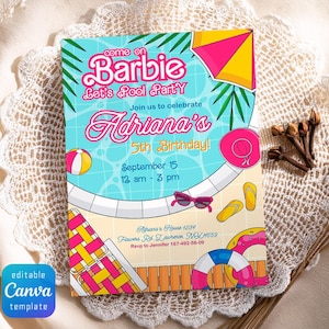 May include: A colorful invitation for a pool party with the text "Come on Barbie, Let's Pool Party". The invitation includes a pool graphic, sunglasses, a beach ball, and a pink sun hat. The invitation is for Adriana's 5th birthday.