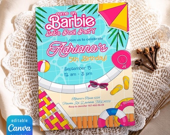 Printable doll birthday invitation, Bestie invite, Malibu hot pink birthday party, girl fashion Pool Party birthday invitation