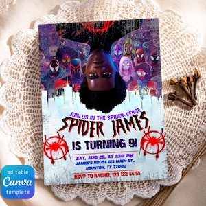 May include: A rectangular birthday invitation card featuring a collage of various Spider-Man characters and a central portrait of a young person. The text reads: Join us in the Spider-Verse, Spider James is turning 9, Sat, Aug 25, at 1:30 PM, James's House 123 Main St., Houston, TX 77002, RSVP to Rachel 123 123 44 55.
