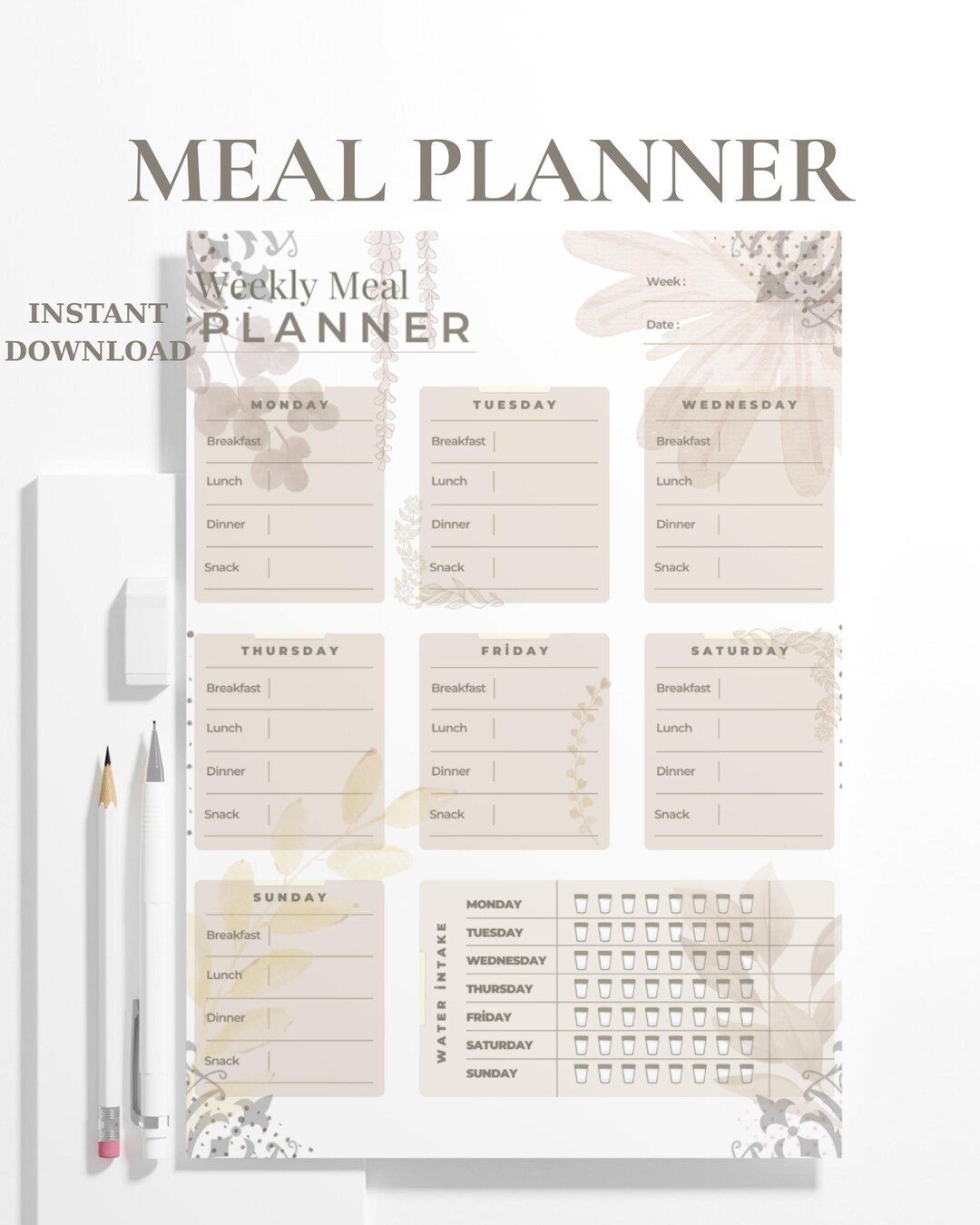 Weekly Meal Planner Printable – Beige Floral Meal Plan Template – 8 ...
