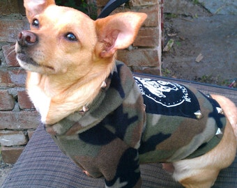 BACK IN STOCK!! Dog Park Hooligans Punk rock pooch.  Green Tan & Brown camo print fleece dog hoodie