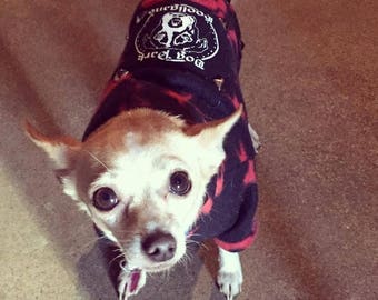 Dog Park Hooligans Punk rock puppy.  Red Pirate skull and stars fleece dog hoodie