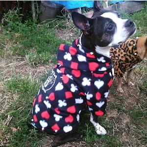 PRICE REDUCTION! Dog Park Hooligans Punk rock pooch.  Black white and red prints on fleece dog hoodie.