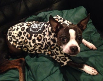 Dog Park Hooligans Punk rock pooch.  Brown on white Leopard print fleece dog hoodie