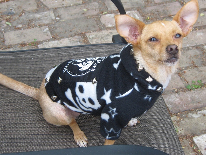 Dog Park Hooligans Punk rock puppy. Pirate skull and stars fleece dog hoodie image 5