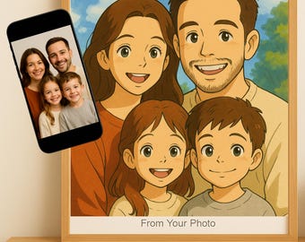 あなたの写真からカスタムジブリポートレート • 家族、カップル、子供 • アニメイラスト • パーソナライズされたアートギフト