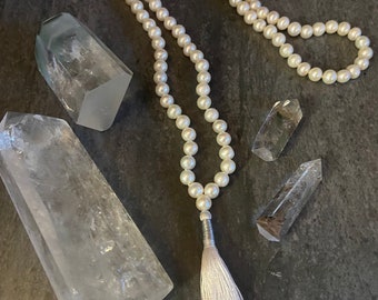 Freshwater Pearl Mala, Pearl Necklace, White Pearl Mala, Knotted Pearl Necklace, White Tassle Necklace, Wedding Gift, Meditation Beads