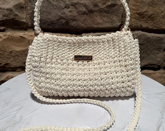 Handmade Crochet Mini Crossbody Bag, Ivory Crochet Purse, Phone Bag, Small Shoulder Bag, Gift for Her