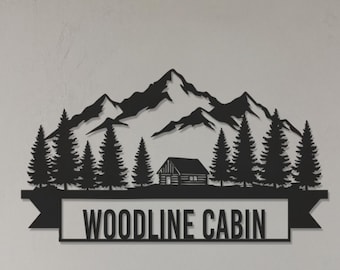 Personalisierte Cabin Metallschild, Berg und Kiefer Baum Wandkunst mit individuellem Namen, rustikales Cabin Decor für Hütte, Seehaus und Urlaub zu Hause