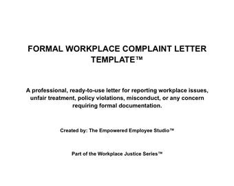 Formal Workplace Complaint Letter Template | Employee HR Form | Workplace Issue Report | Digital Download
