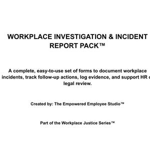 Pakiet raportów z dochodzeń i incydentów w miejscu pracy | Formularze HR | Rejestr dowodów | Prawa pracownicze | Pobieranie cyfrowe