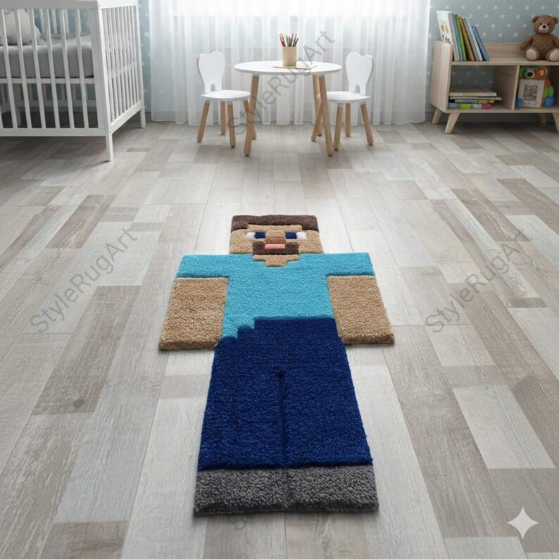 Minecraft Steve Tufted Rug – Handmade Gaming Carpet for Kids Room ...